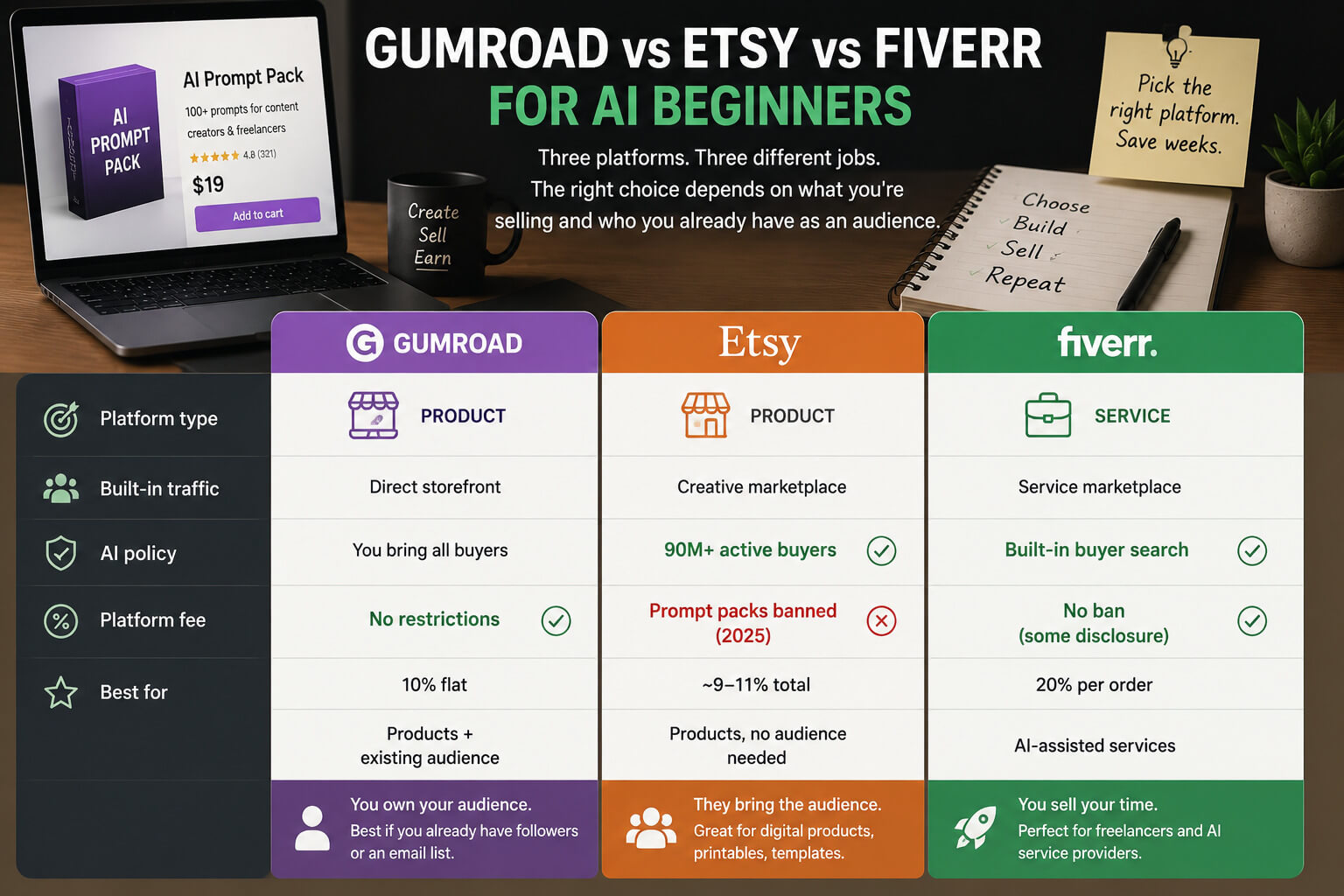 Gumroad Etsy and Fiverr compared for AI beginners