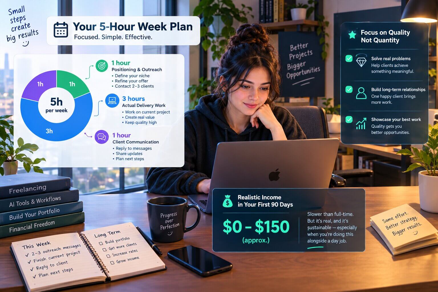 Weekly schedule breakdown for a beginner freelancer with only 5 hours a week available