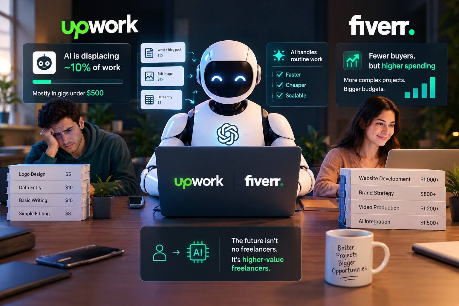 Chart comparing Upwork and Fiverr 2026 earnings data on AI-related work growth