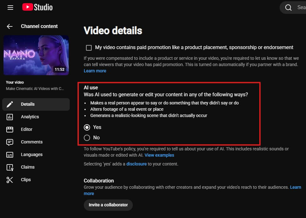 Screenshot: the 'Altered or synthetic content' toggle in YouTube Studio's upload flow — add once available