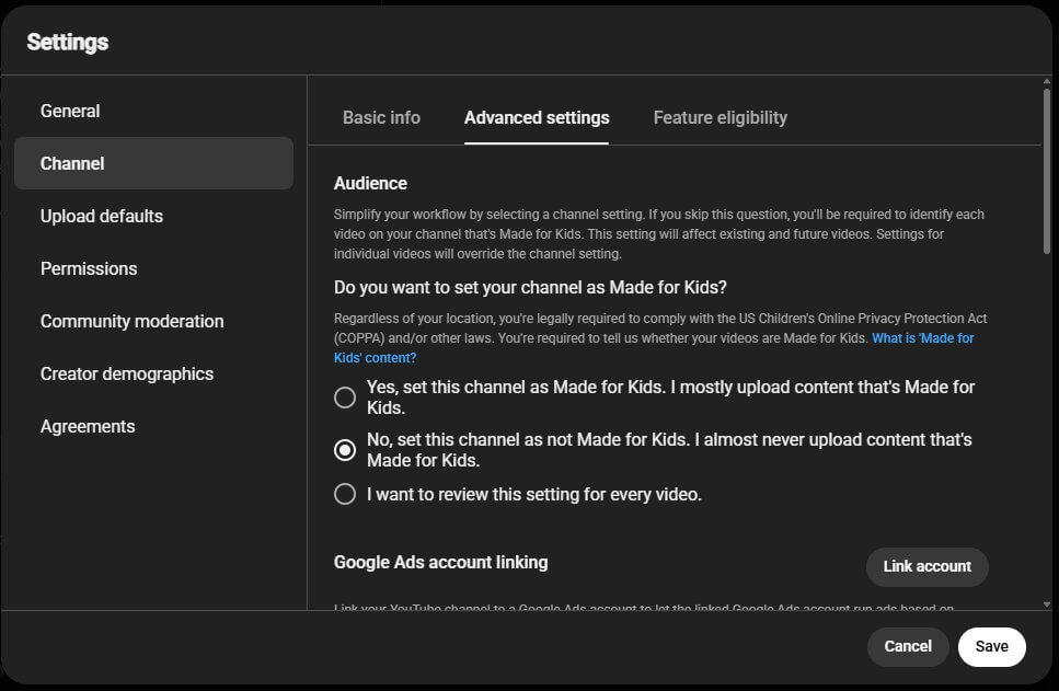 Screenshot: the 'Made for Kids' toggle in YouTube Studio channel settings — add once available