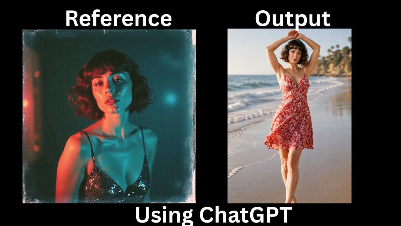One reference photo next to a AI-generated pose and background variations of the same subject