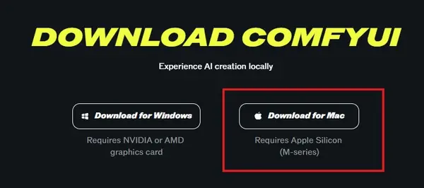 ComfyUI download page showing the Mac Desktop DMG option
