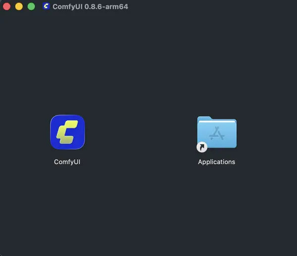 ComfyUI DMG window showing drag-to-Applications install