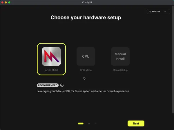 ComfyUI setup screen showing the Apple Metal GPU option selected