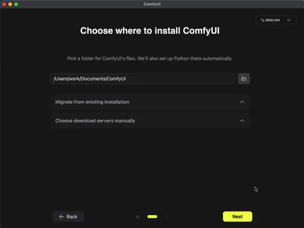 ComfyUI setup screen showing the install location selection
