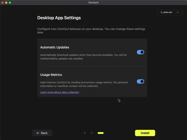 ComfyUI setup screen for automatic updates and usage metrics settings