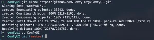 Terminal showing git clone of ComfyUI repository