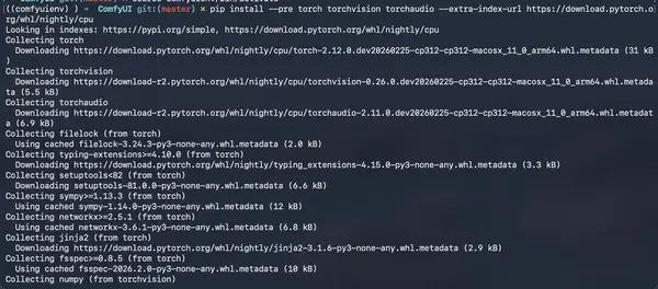 Terminal showing PyTorch nightly installation for Apple Silicon Mac
