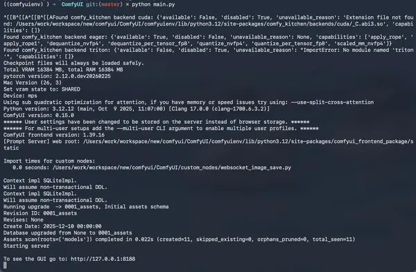 Terminal showing python main.py running and ComfyUI server starting