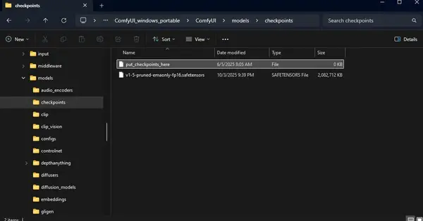 ComfyUI models/checkpoints folder showing where to place the downloaded .safetensors model file