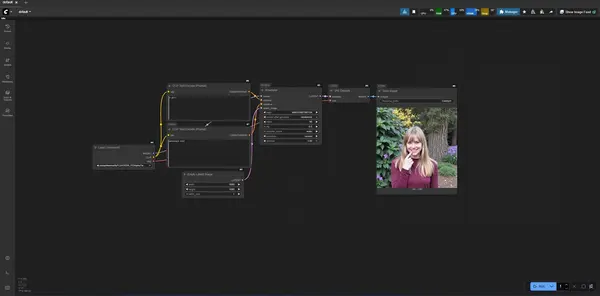 ComfyUI node-based interface showing connected workflow nodes for AI image generation