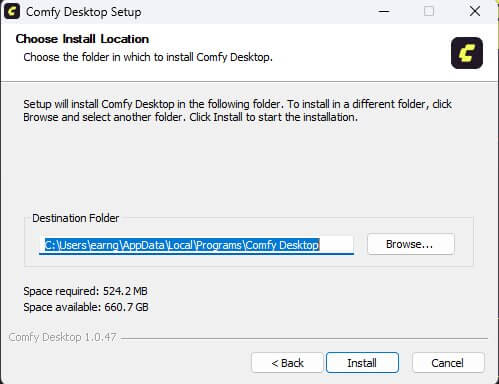 ComfyUI Desktop installer install-location step showing where to store the app and models