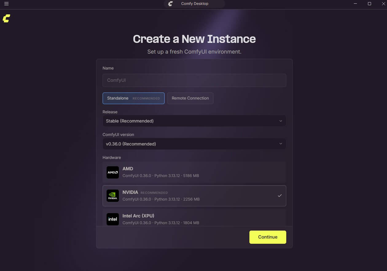 ComfyUI Desktop create new instance screen with a name field