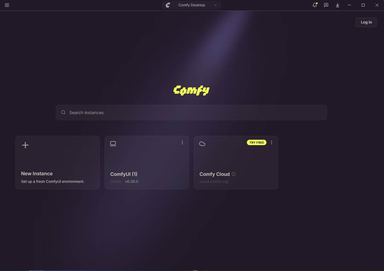 ComfyUI Desktop setup screen asking whether to run ComfyUI on Cloud or as a Local New Instance