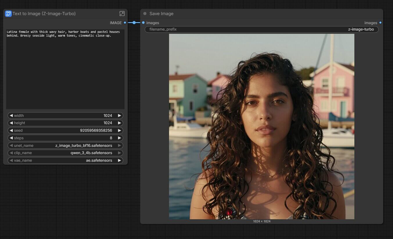 First AI-generated image created after running the Z-Image Turbo workflow in ComfyUI