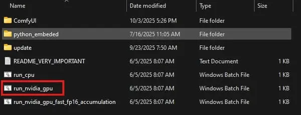ComfyUI Windows portable folder structure showing run_nvidia_gpu.bat and other batch files
