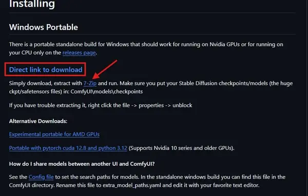 ComfyUI GitHub releases page showing the Windows portable zip download link
