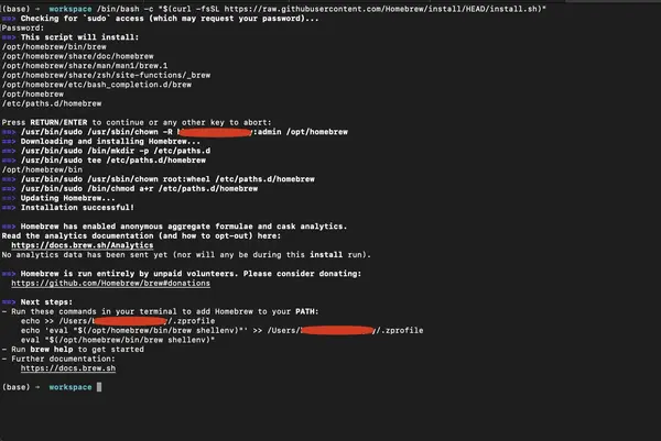 Mac Terminal showing Homebrew installation and brew doctor command running successfully