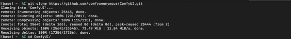 Mac Terminal showing git clone command downloading ComfyUI from GitHub