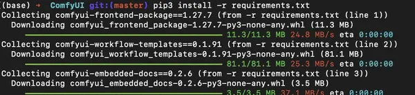 Mac Terminal showing pip3 install -r requirements.txt installing ComfyUI Python dependencies