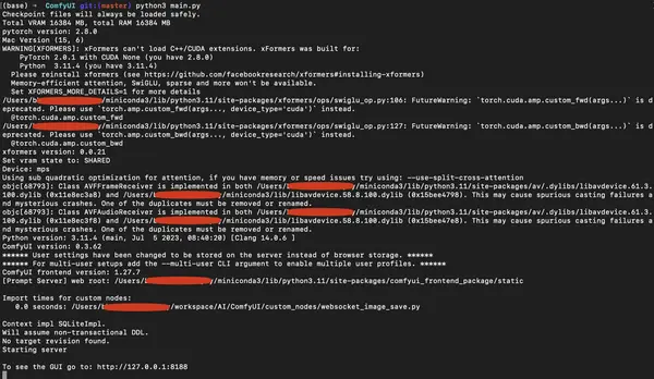 Mac Terminal showing ComfyUI server starting and providing the localhost URL to open in a browser