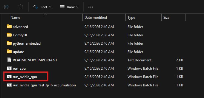 ComfyUI portable console window showing the server starting and the localhost address