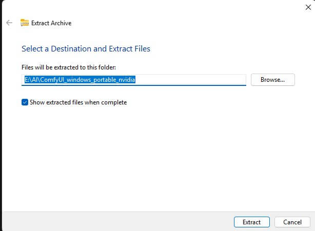 Extracted ComfyUI portable folder showing run_nvidia_gpu.bat and the ComfyUI subfolder