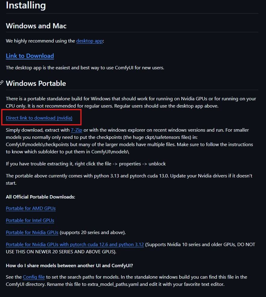 ComfyUI GitHub releases page showing the GPU-specific portable download links