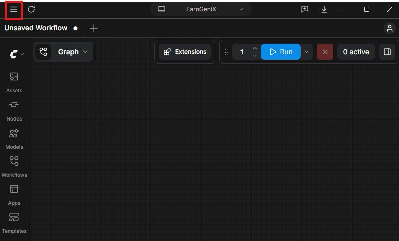 Screenshot of ComfyUI Desktop with the hamburger menu icon in the top-left corner clicked, showing the dropdown menu open