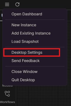 Screenshot of the ComfyUI Desktop dropdown menu with the Desktop Settings option highlighted