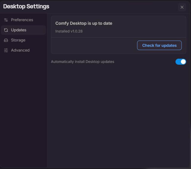 Screenshot of the ComfyUI Desktop Settings window on the Update tab, showing the Check for Updates button