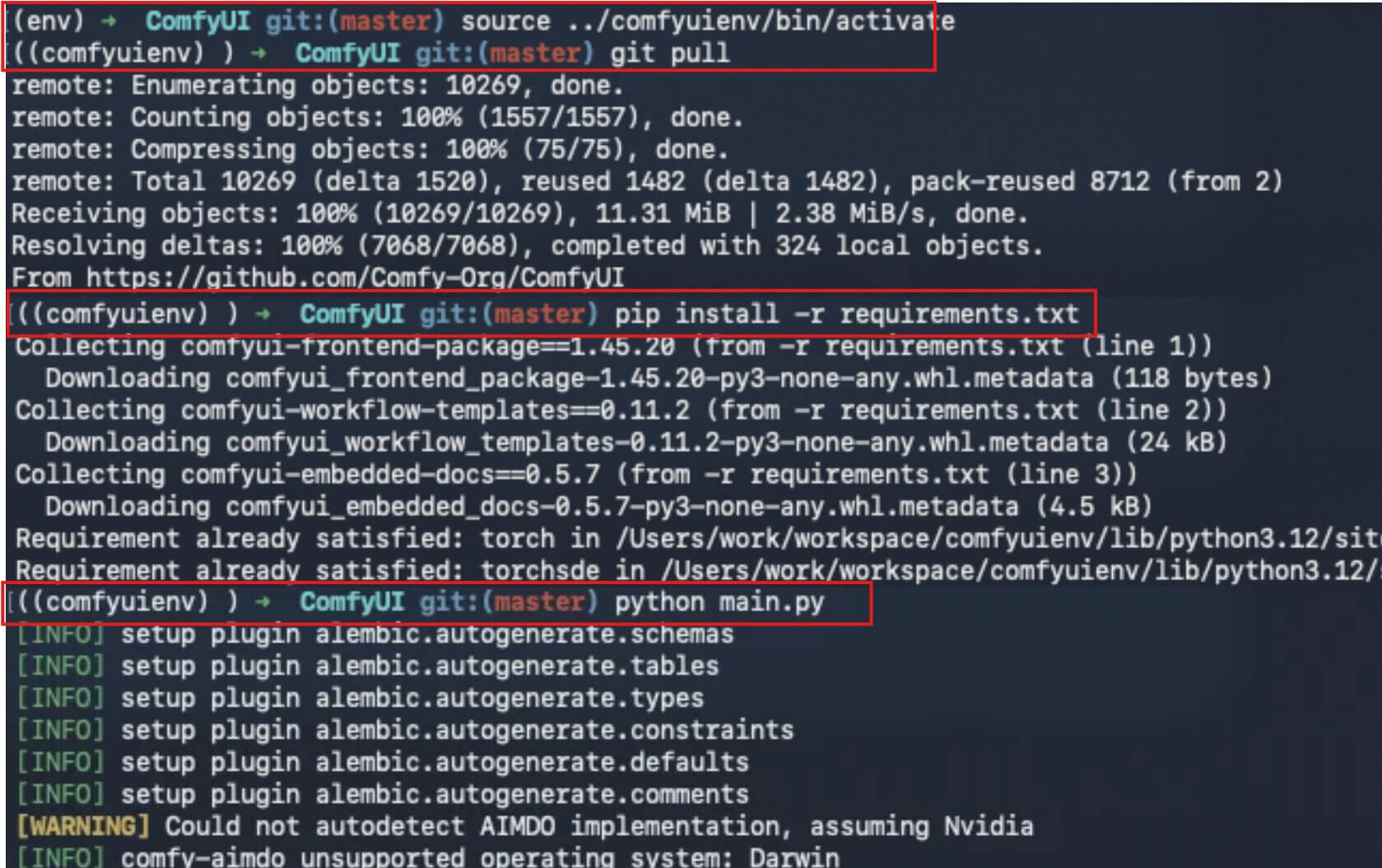 Terminal screenshot showing git pull followed by pip install -r requirements.txt inside an activated ComfyUI Python virtual environment