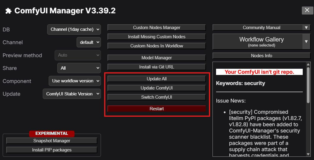 Screenshot of the ComfyUI Manager panel showing the Fetch Updates button and a list of installed custom nodes with Update buttons next to outdated ones