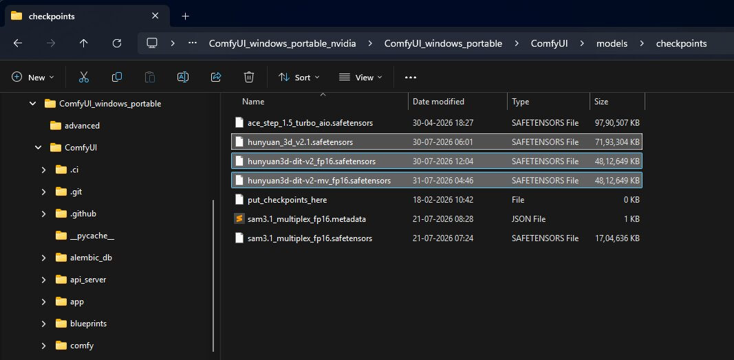 Folder structure showing both Hunyuan3D safetensors files inside ComfyUI/models/checkpoints/