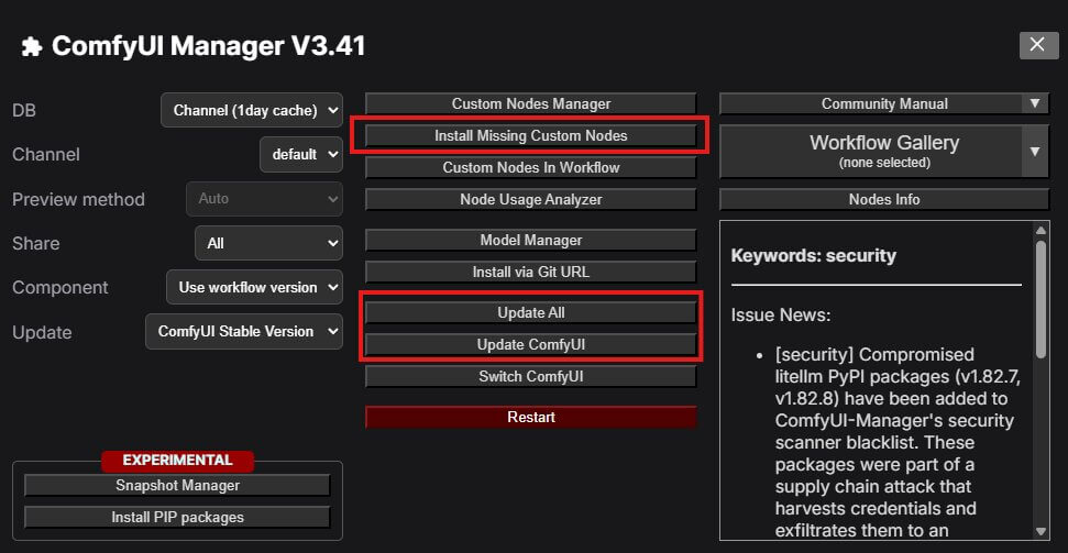 Red node type does not exist error box in ComfyUI