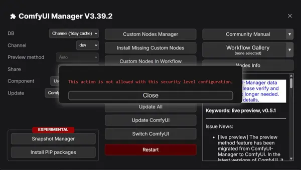 ComfyUI Manager security level error — shown when trying to install via Git URL with default security settings