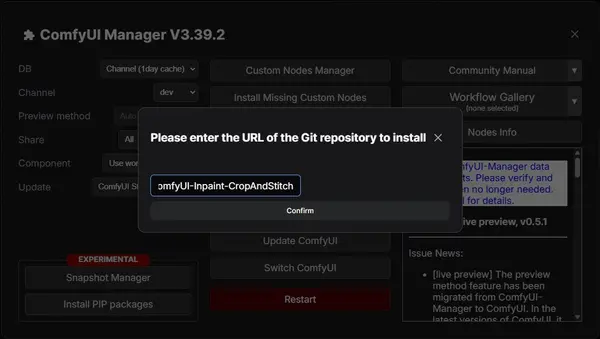 ComfyUI Manager — install ComfyUI-Inpaint-CropAndStitch via Git URL to fix red inpaint crop node