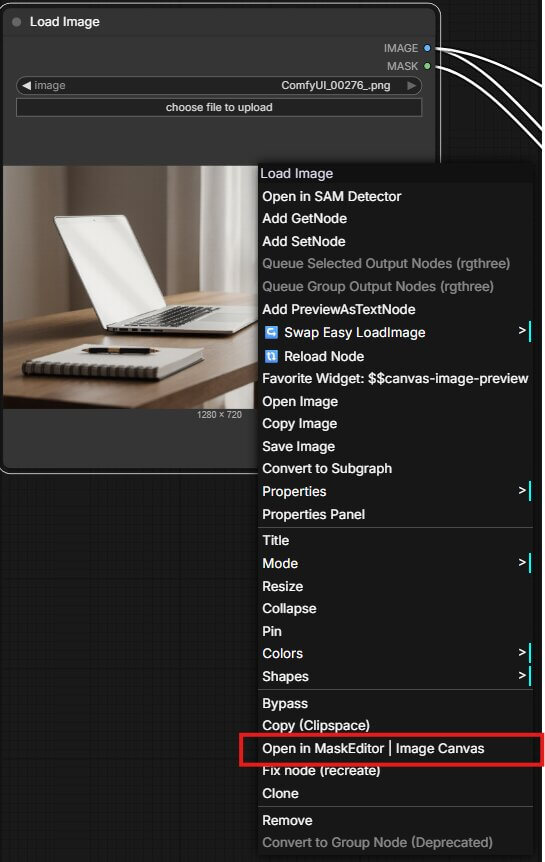 ComfyUI mask editor opened from the Load Image node — used to paint the inpaint mask area