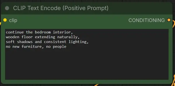ComfyUI outpaint workflow — entering a text prompt to describe what should appear in the expanded canvas area