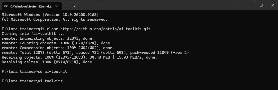 Terminal showing git clone finishing and the new ai-toolkit folder open in File Explorer