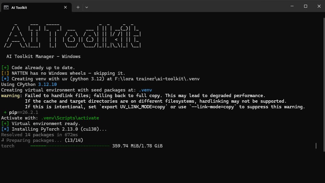 Terminal mid-install showing the AI Toolkit Manager detecting GPU and installing dependencies