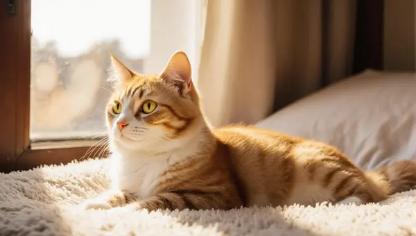 Flux Krea output — photorealistic orange and white cat lying on a plush bed gazing out of a sunlit window
