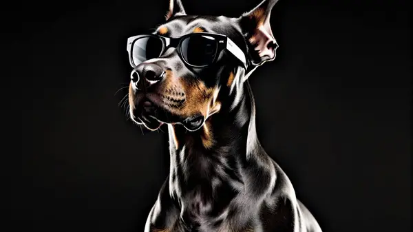 Flux Krea output — hyper-realistic Doberman in black mirrored sunglasses against a matte black background with metallic highlights