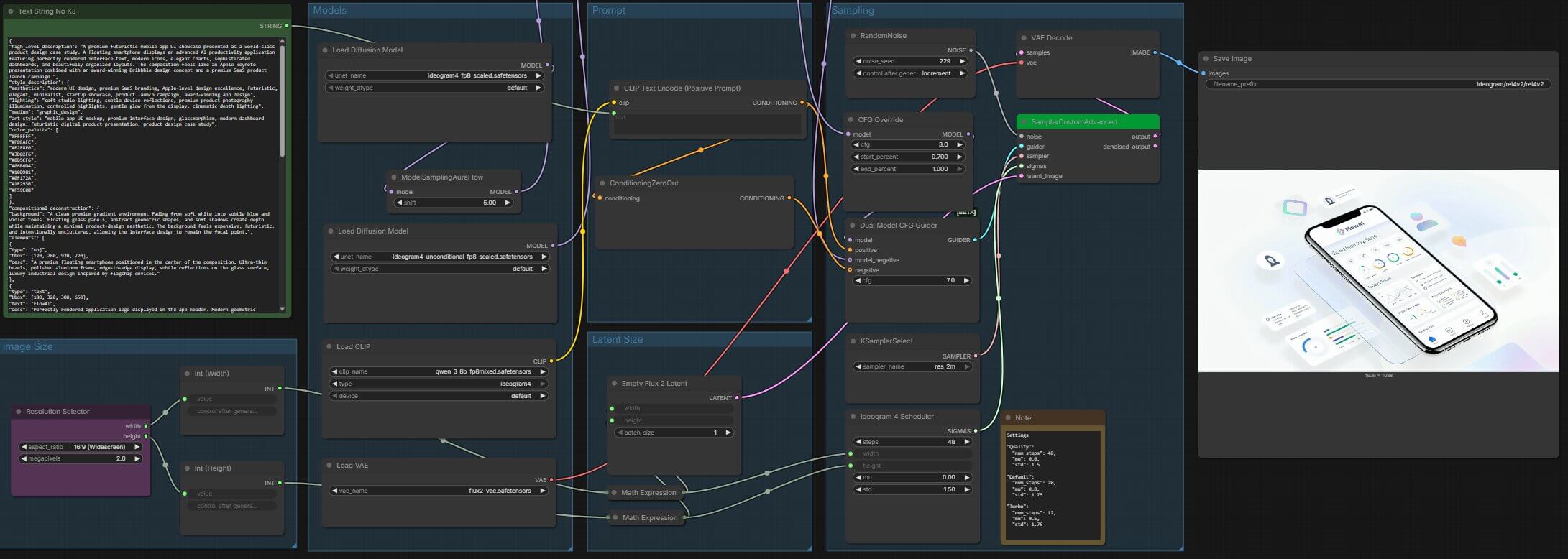 The loaded Ideogram 4.0 workflow on the ComfyUI canvas with all nodes visible and connected