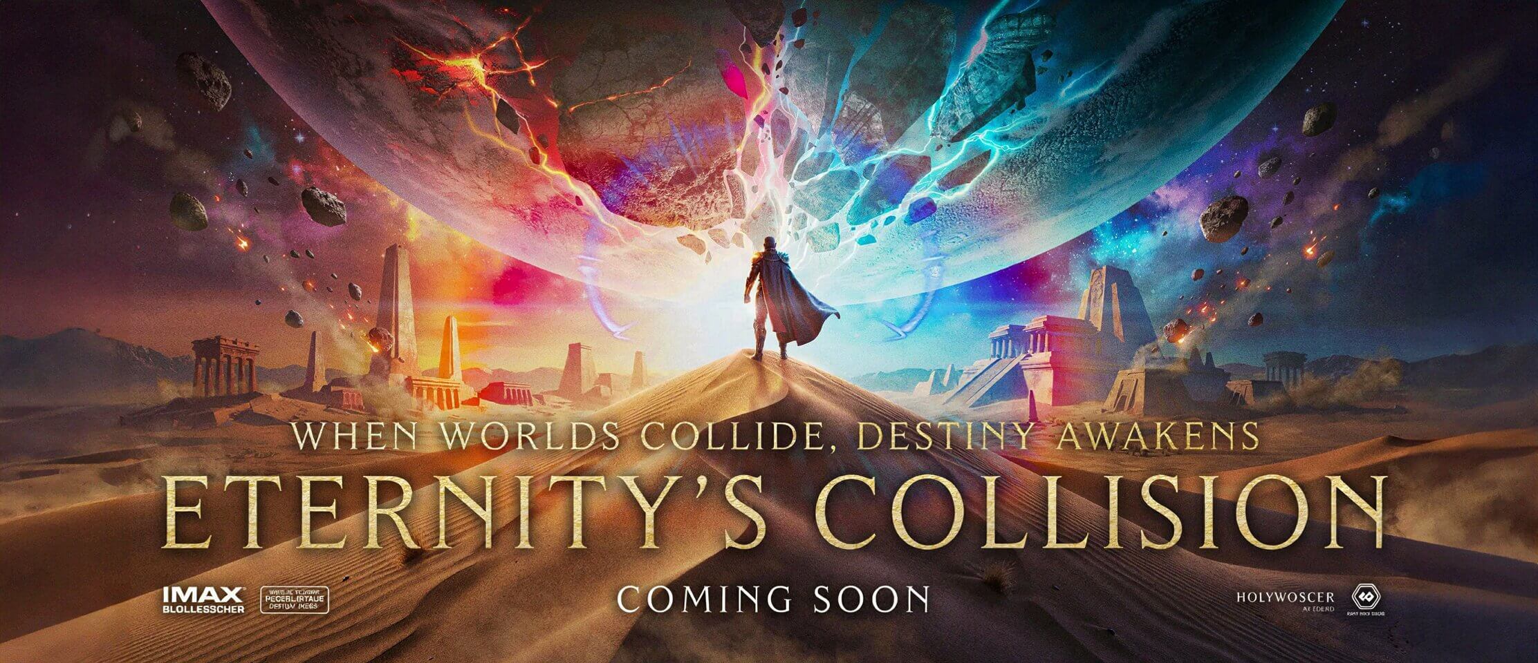 Epic science-fiction movie poster showing a lone hero witnessing two giant planets colliding above an ancient desert civilization
