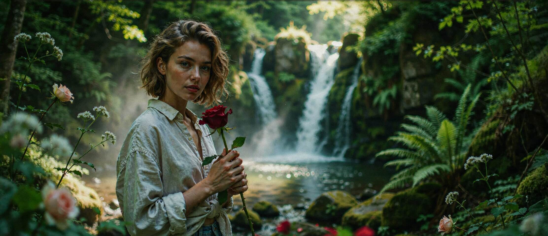 Luxury fashion portrait of a young woman holding a red rose beside a waterfall surrounded by lush greenery