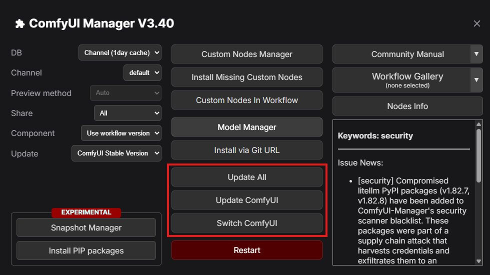 ComfyUI Manager window showing the Update ComfyUI button