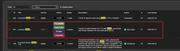 ComfyUI Custom Nodes Manager showing the comfyui-kokoro search result by Stav Sapir ready to install