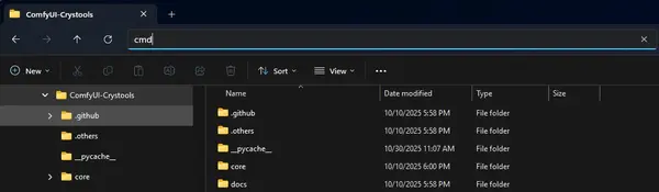 Windows Explorer address bar — typing cmd to open terminal in the custom node folder